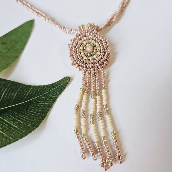 Rose Gold Fringe Beaded Indigenous Medallion Pendant Necklace | Handmade - Picture 6 of 10